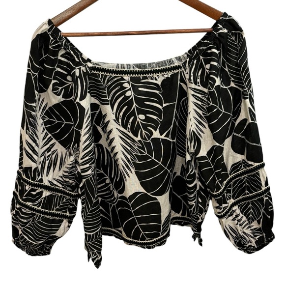 Cynthia Rowley Black & Cream Tropical Print Linen Blend Blouse Sz L - Picture 1 of 11
